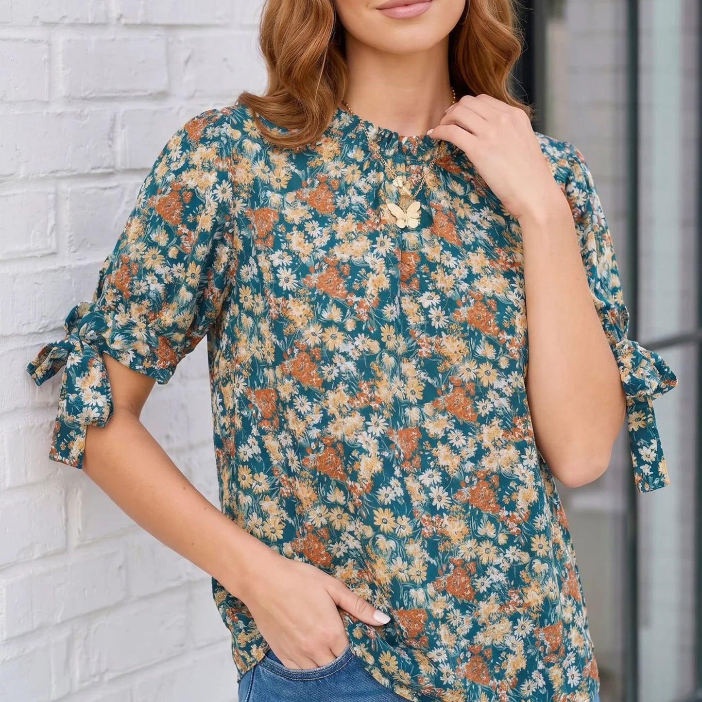 Teal Floral Ruffle Neck