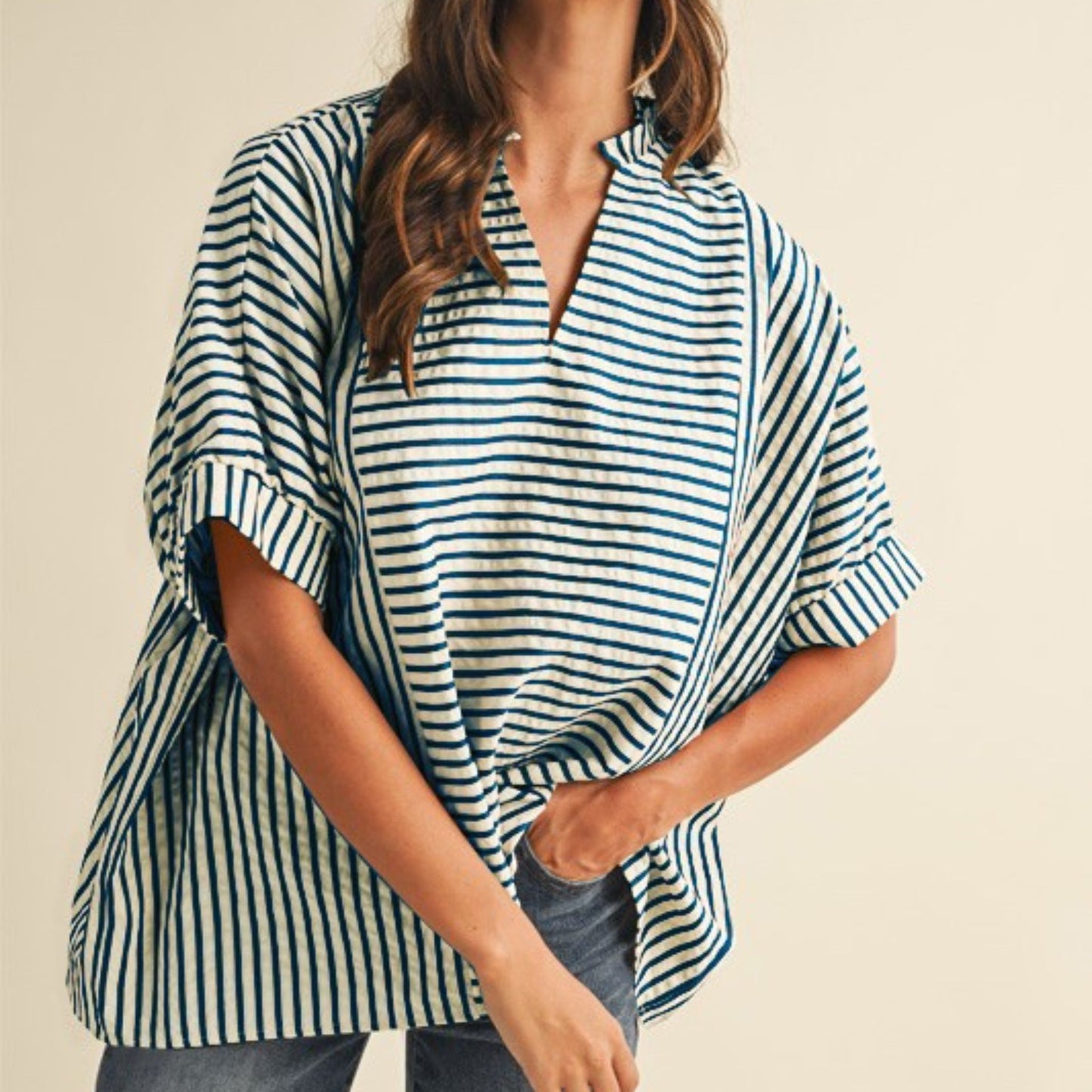 Stripe Ruffle Neck Blouse in Navy