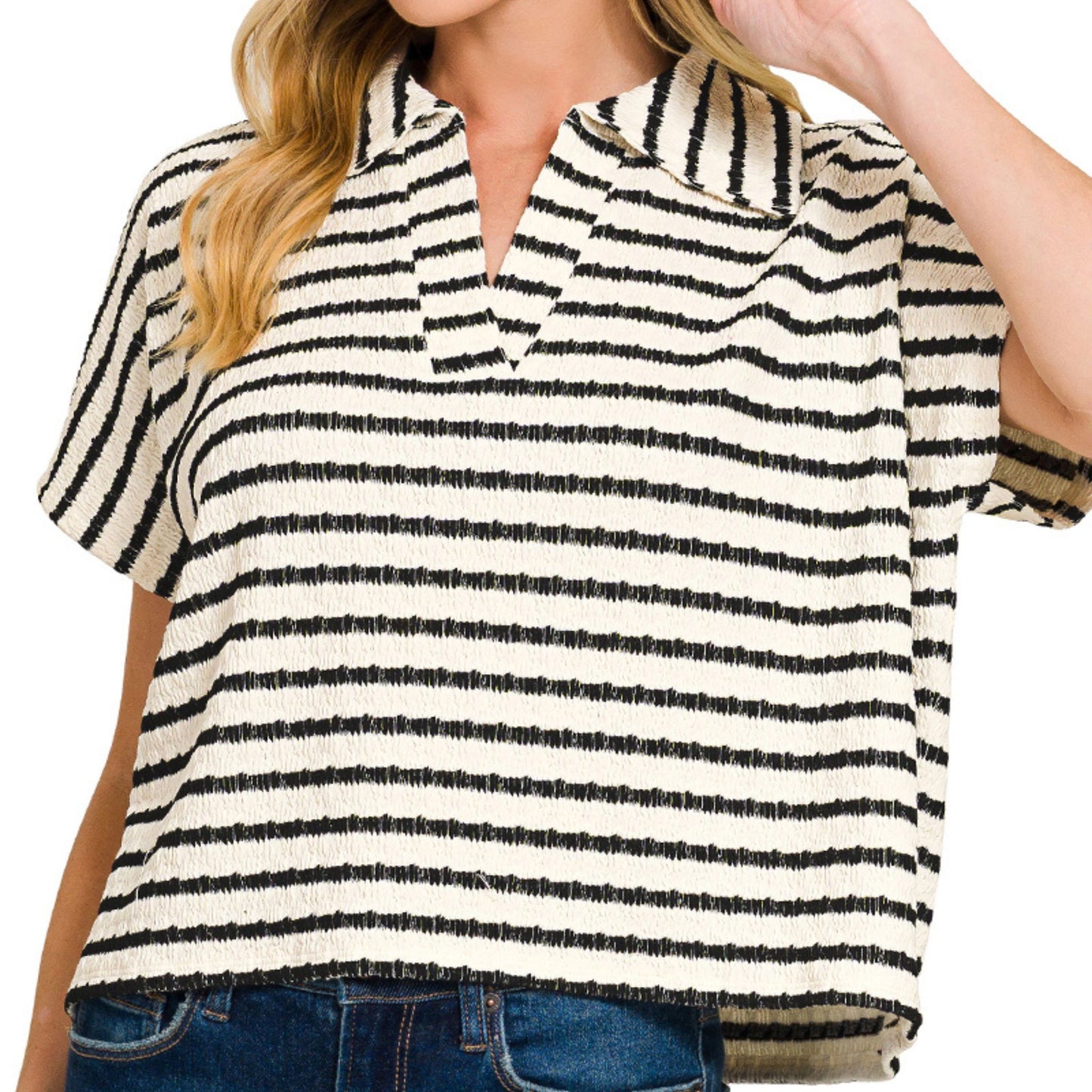 Striped Split Neck Collared Top