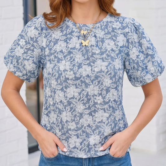 Blue Floral Embroidered Top
