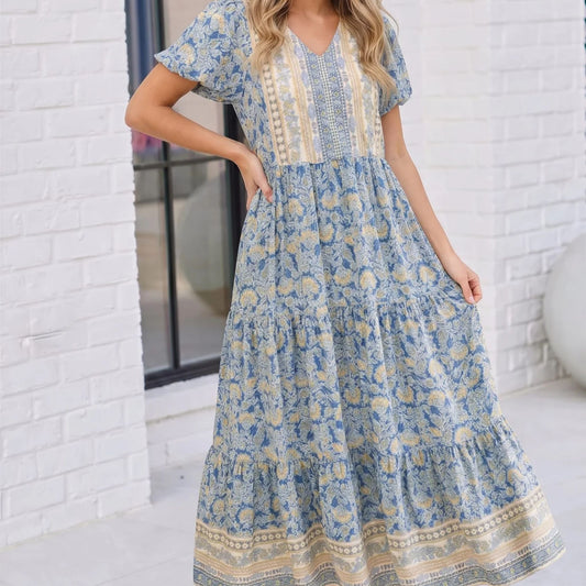 Blue Floral Tiered Dress
