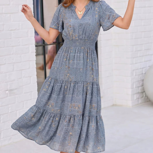 Blue Floral Tiered Midi Dress