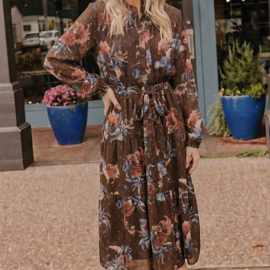 Brown Floral Midi Dress