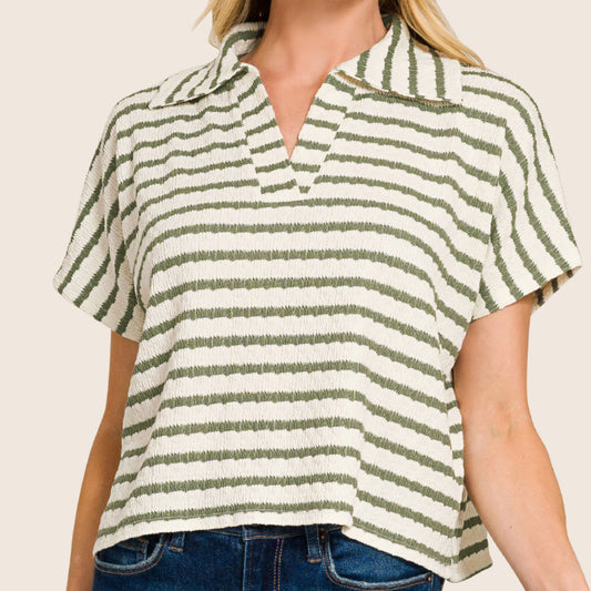 Striped Split Neck Collared Top