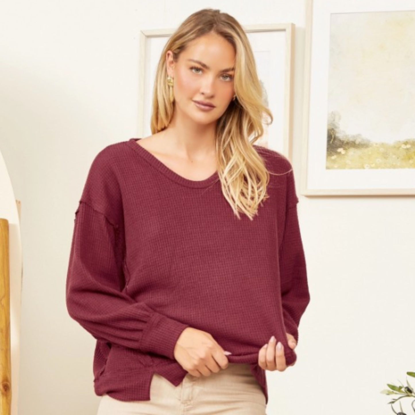 Thermal Waffle Knit Top in Wine