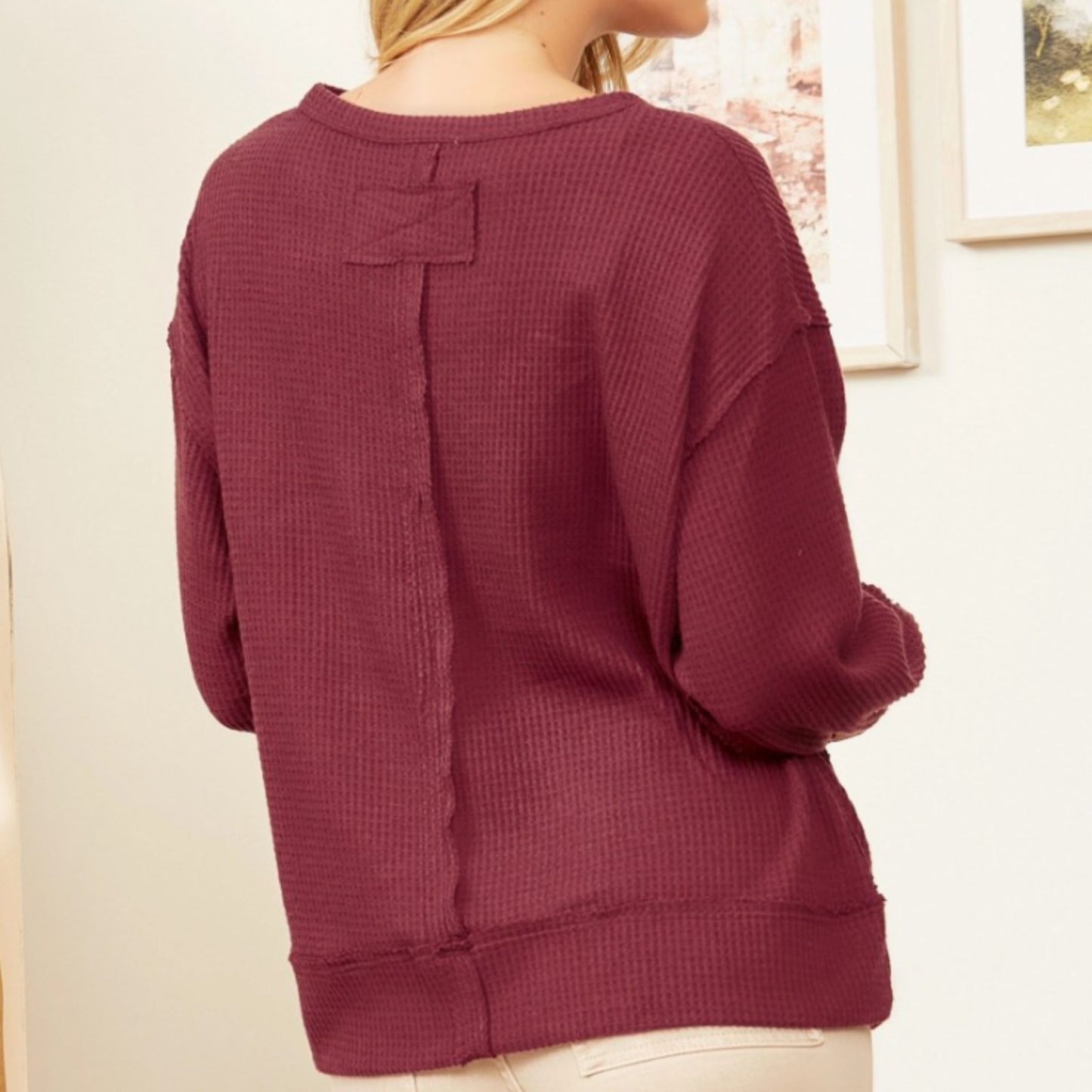 Thermal Waffle Knit Top in Wine